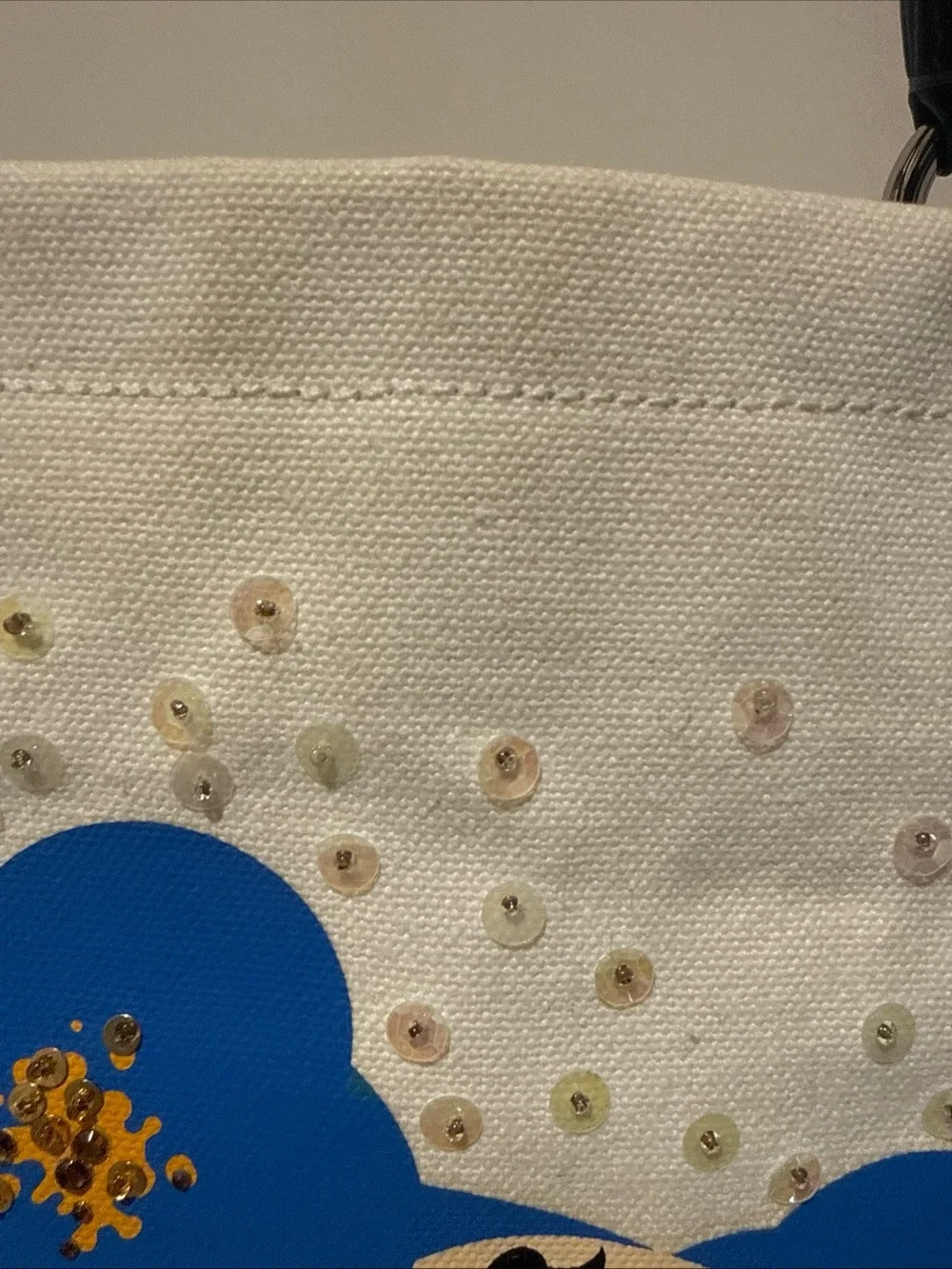 Coach Cream Canvas Tote with Blueberry Print & Navy Handles
